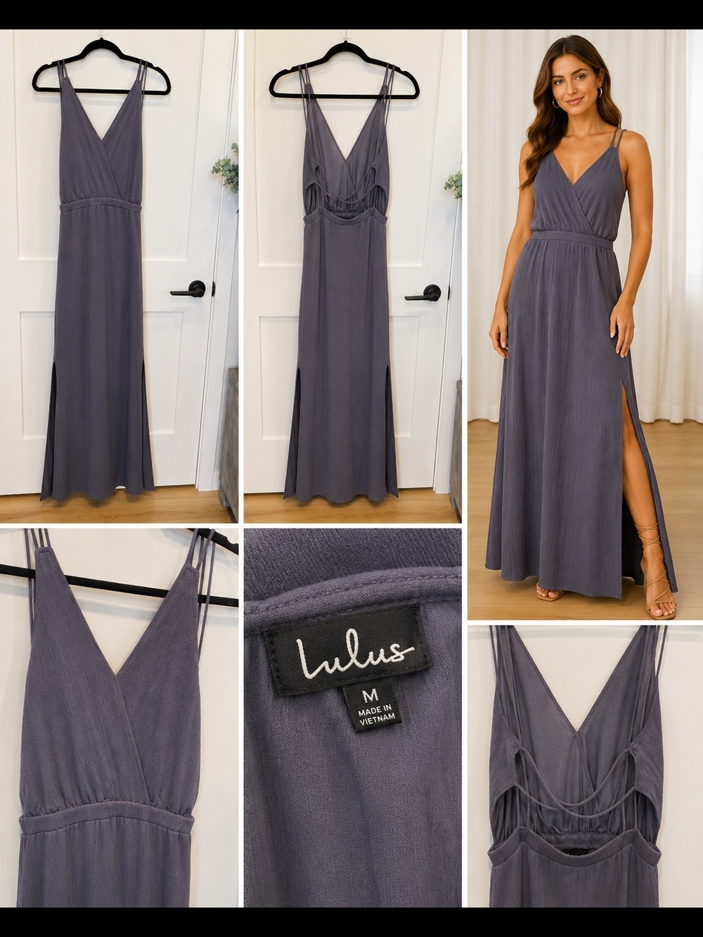 Lulu's Charcoal Maxi V-Neck Dress with Side Slit